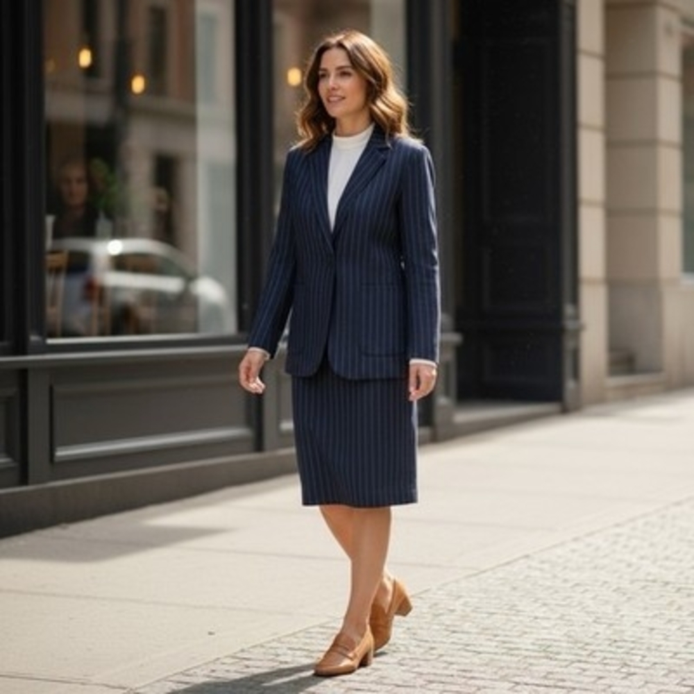 KENAR Navy Blue White Striped Womens Pencil Skirt Suit Blazer & Skirt Set Sz 10